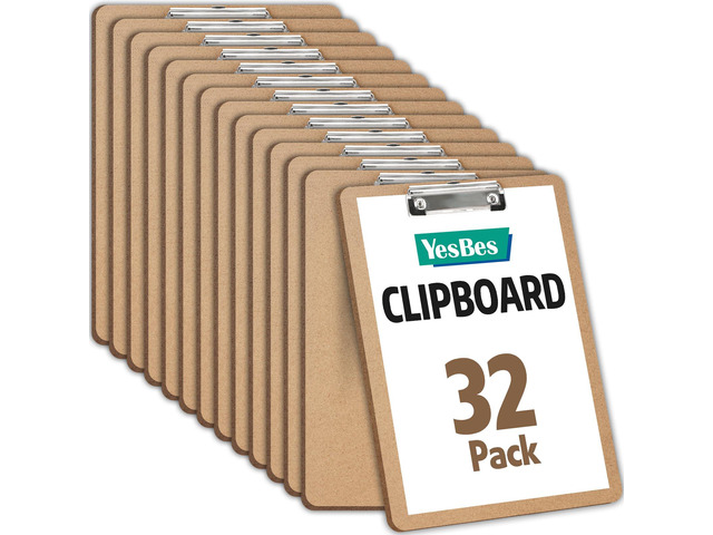32 Pack Clipboards Bulk, Clipboards for Classroom, Letter Size (9 x 12.5 Inch) Wooden Clipboard, Hardboard Office Clipboard, Classroom Supplies