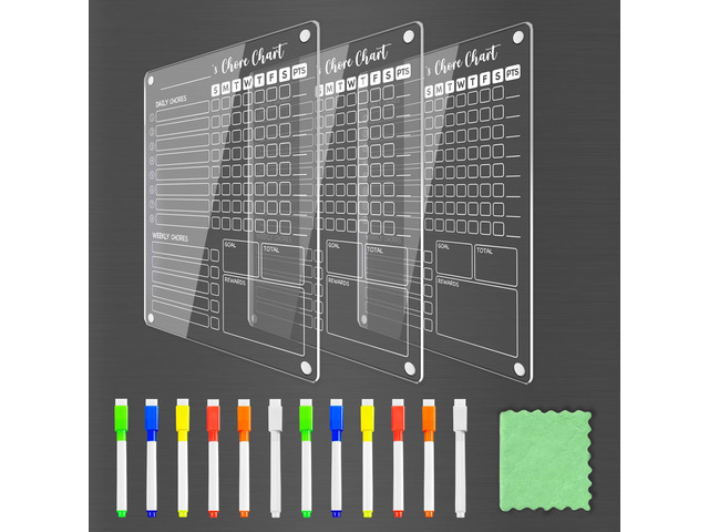 Acrylic Magnetic Chore Chart for Kids, 12x9.5 Inch, 3 Pack Clear Dry Erase Fridge Chore and Reward Board for Multiple Kids and Teens; Embedded...