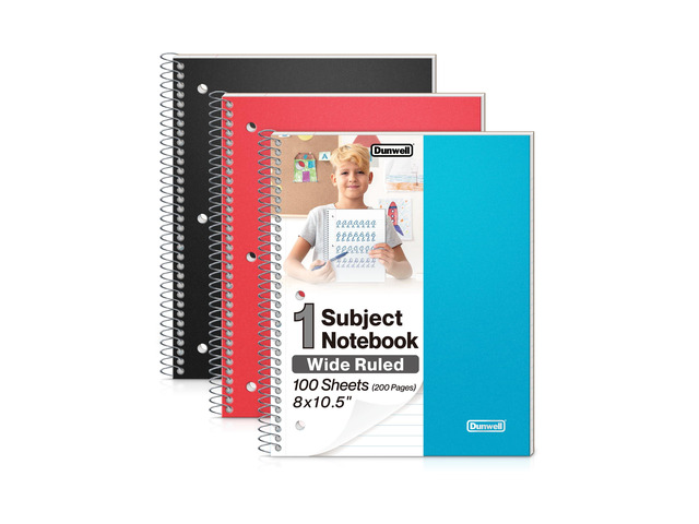 3-Pack Spiral Notebooks 8x10.5, Wide Ruled, Red/Blue/Black 100 Sheets (200 Pages) Each, Wide Ruled Paper, Divider with Pockets, 3-Hole Punched &...