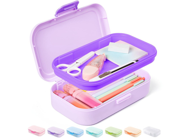 Double Layer Pencil Box, Plastic Pencil Case with Latch, Hard School Supply Box for Girls Boys Kids, Large Crayon Marker Pen Holder, Cute Art...