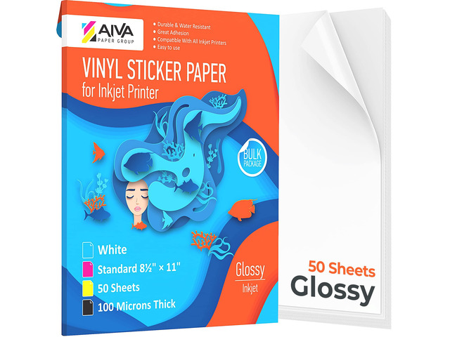 Printable Vinyl Sticker Paper - Waterproof Decal Paper for Inkjet Printer - 50 Self-Adhesive Sheets - Glossy White - Standard Letter Size 8.5'x11'