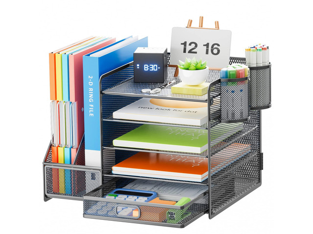 5-Tier Paper Letter Tray Organizer with Drawer and Pen Holder, Mesh Desktop Organizer and Storage with Magazine Holder for Office Supplies (Grey)