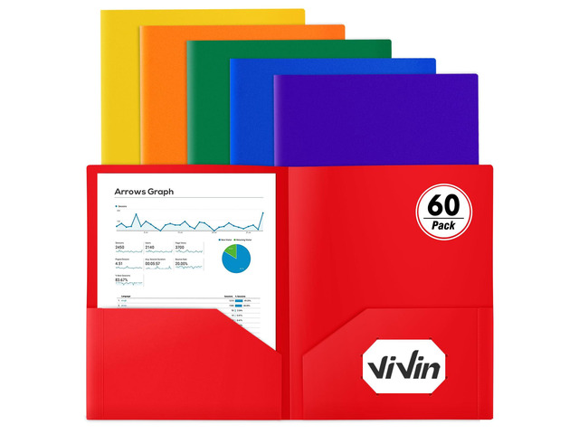 60 Pack Plastic Folders with Pockets (Assorted Color) Heavy Duty 2 Pocket Folders, File Folder Bulk for School, Office and Home