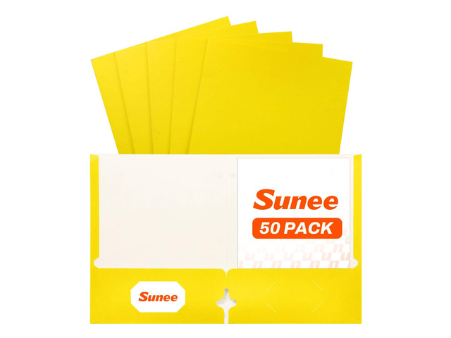 Folders with Pockets 3 Hole Punched(50 Pack, Yellow), 2 Pocket Folders Fit Letter Size Paper, Paper File Folder for School Office Home Business
