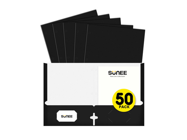 Folders with Pockets 3 Hole Punched(50 Pack, Black), 2 Pocket Folders Fit Letter Size Paper, Paper File Folder for School Office Home Business