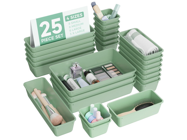 25 PCS Plastic Drawer Organizers Set, 4-Sizes Vanity and Makeup Organizer, Desk and bathroom Drawer Organizer Trays, Organizers and Storage for...