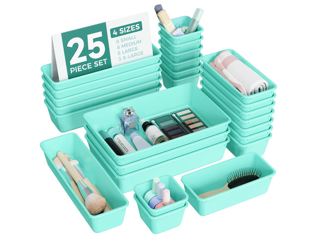 25 PCS Plastic Drawer Organizers Set, 4-Sizes Vanity and Makeup Organizer, Desk and bathroom Drawer Organizer Trays, Organizers and Storage for...