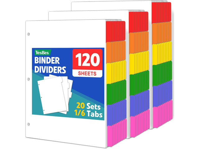 120 Pcs Binder Dividers with Multicolor Tabs, 1/6 Cut Tabs, Dividers for 3 Ring Binder, Blank Write On Binder Dividers in 6 Tab Sets, Letter Size,...