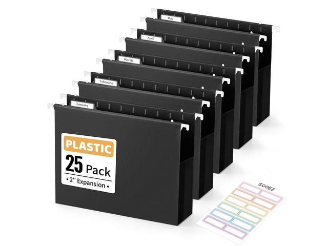 Extra Capacity Plastic Hanging File Folders, File Organizer 25 Counts Expanding File Folders Letter Size with 2' Expansion, Adjustable Tabs for...