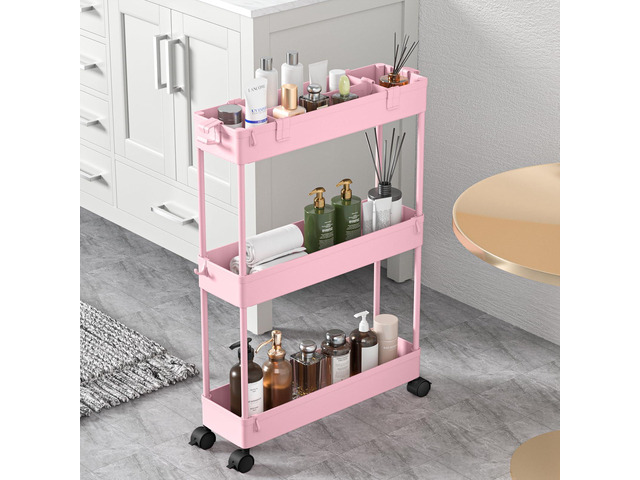 Slim Storage Cart 3 Tier,Bathroom Organizer Rolling Utility,Mobile Shelving Unit Slide Out for Office, Kitchen, Laundry Room & Narrow Places,Pink