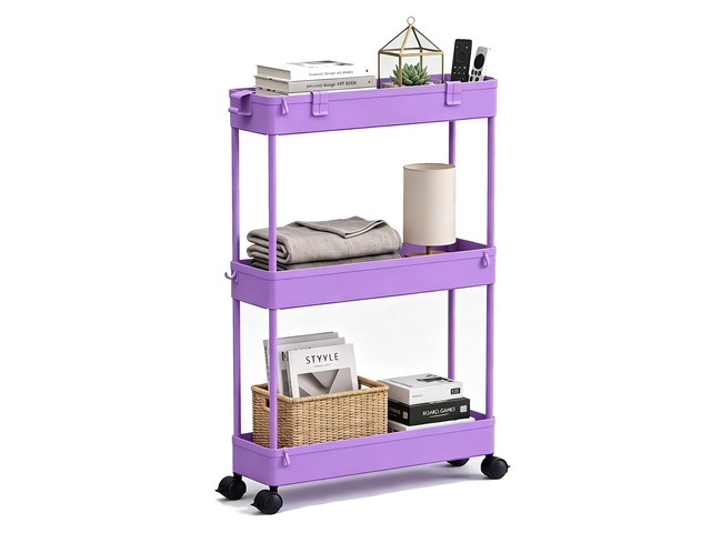 Slim Storage Cart 3 Tier,Bathroom Organizer Rolling Utility,Mobile Shelving Unit Slide Out for Office, Kitchen, Laundry Room & Narrow Places,Purple