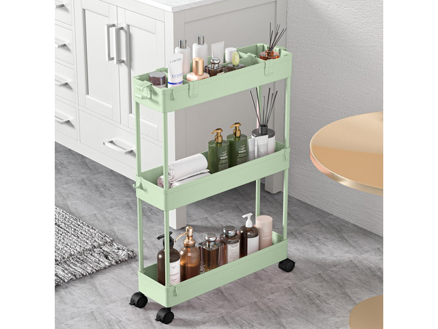 Slim Storage Cart 3 Tier,Bathroom Organizer Rolling Utility,Mobile Shelving Unit Slide Out for Office, Kitchen, Laundry Room & Narrow PlacesGreen