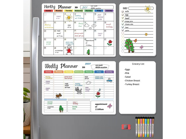 Magnetic Dry Erase Calendar Whiteboard Set (4-Pack) for Home and Kitchen, with Monthly and Weekly Views (16.5 x 11.8), Magnetic Whiteboard and...