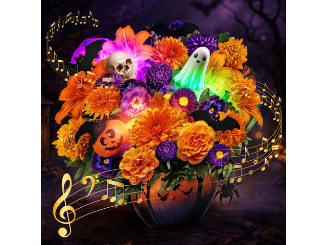Halloween Cards, Halloween Decor Gift Card with LED Light & Music Halloween Flower Bouquet, Pumpkin Ghost Floral Halloween Card for Wife Mom Men...