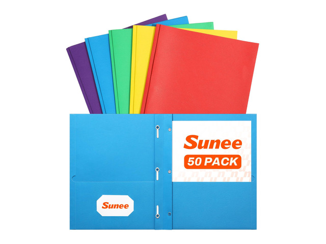 Folders with Prongs (50 Pack, Assorted Colors), 3 Prong Folders with 3 Metal Prong Fastener Clips, 2 Pocket, Fit Letter Size Paper, Paper Folders...