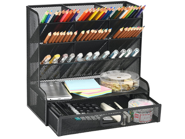 Mesh Pen Holder for Desk, Multi-Functional Pencil Organizer with Drawer, Desk Organizers and Accessories for Office Art Supplies (Large Black)