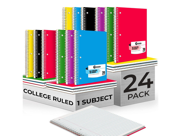 24 Pack Bulk Spiral Notebook, 1 Subject, College Ruled, 70 Sheets Spiral Notebook Bulk, 8 x 10-1/2', 3 Hole Punched, Single Subject Bulk College...