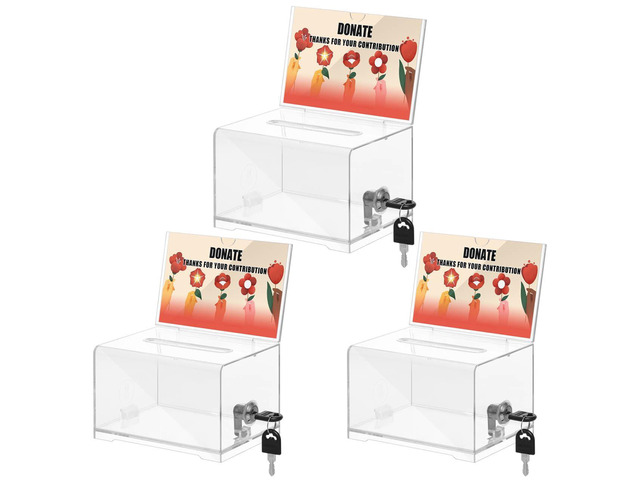 Clear Donation Box With Lock, Acrylic Raffle Box & Tip Jar, 3 Pack 4x6' Sign Holders, Cash & Raffle Tickets Collection, Church Fundraising, School...