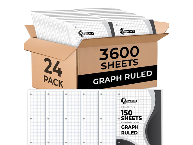 24 Pack Loose Leaf Paper Bulk, 3600 Sheets, Quad Ruled Sheets Bulk Notebook Papers, 8' x 10.5', 3 Hole Punched, 4x4 Grid Paper, Bulk Graph Ruled...