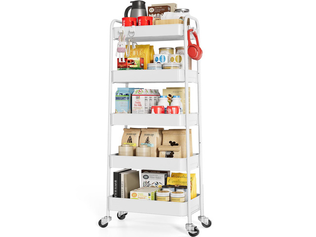 5-Tier Metal Rolling Cart with Wheels, Storage Utility Organizer Cart for Kitchen, Bathroom, Office, Baby Essentials & Makeup - Lockable Casters,...