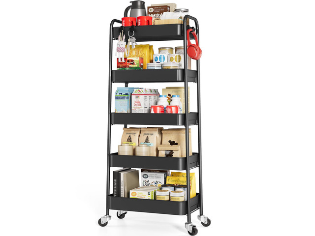 5-Tier Metal Rolling Cart with Wheels, Storage Utility Organizer Cart for Kitchen, Bathroom, Office, Baby Essentials & Makeup - Lockable Casters,...