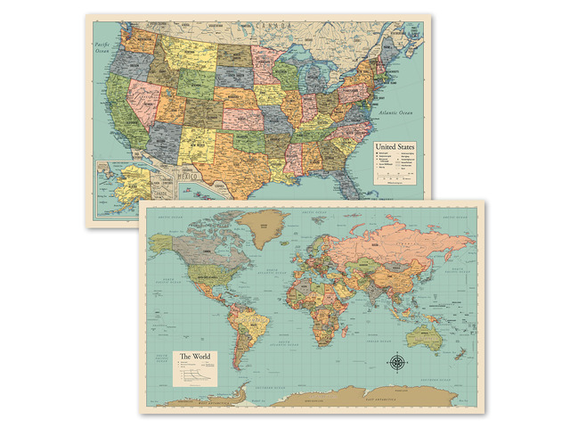 2 Pack - World Map Poster & USA Map Chart [Tan/Color] (LAMINATED, 18 x 29)