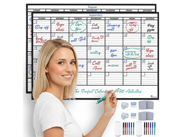 (2 PK) Large Dry Erase Calendar for Wall 24x36, Giant Family Office Big Reusable, Monthly Planner Erasable 36x24, Rolled Whiteboard White Board,...