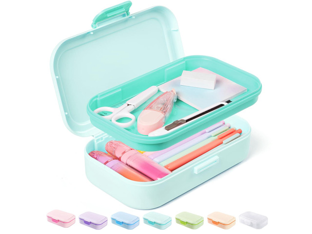 Double Layer Pencil Box, Plastic Pencil Case with Latch, Hard School Supply Box for Girls Boys Kids, Large Crayon Marker Pen Holder, Cute Art...