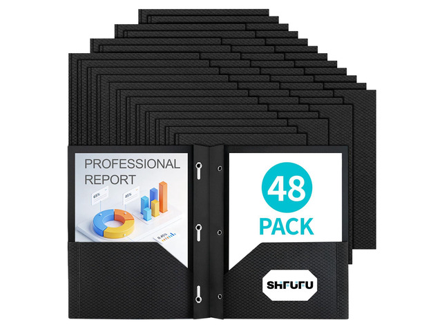 48 Pcs Textured Folders with Pockets and Prongs (Black),Fit Letter Size Paper,Business Card Slot,2-Pocket Folder for School Office or Home,Durable...