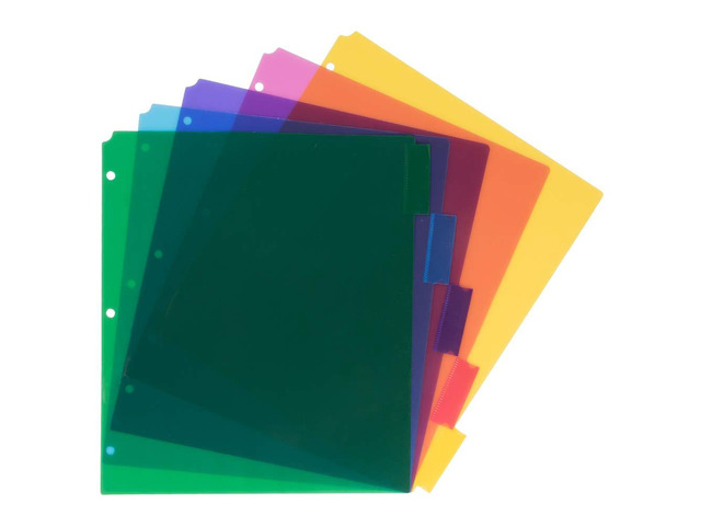 Plastic Index 5-Tab Dividers - 9 3/4 x 11 1/2 - Assorted Multi-Color - 6 Packs of 5 Tabs/Set