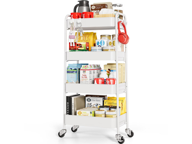 4 Tier Metal Rolling Cart, Utility Storage Cart with Wheels, White Screwless Assembly, Lockable Metal Wheels, Trolley Organizer for Bathroom,...