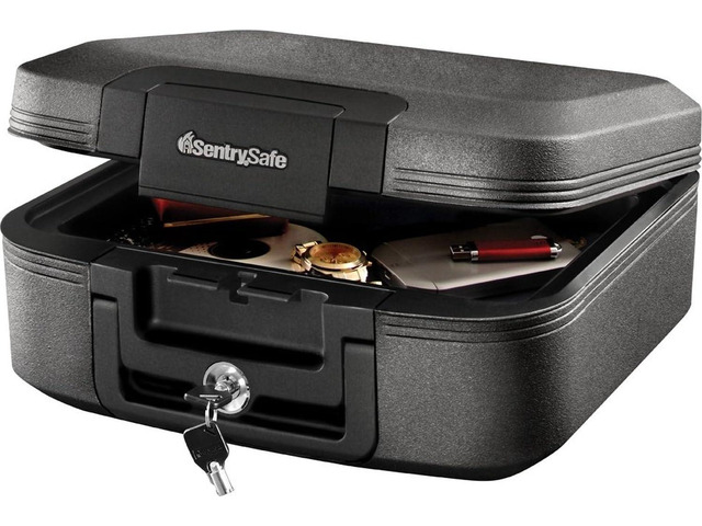 Charcoal Gray Fireproof and Waterproof Safe Box with Key Lock, Portable Chest for Money, Passport, 0.28 Cubic Feet, 6.6 x 15.4 x 14.3 Inches, CHW20221