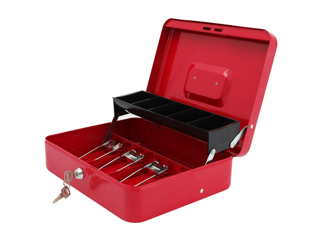 Cash Box with Key Lock, Metal Money Box, Safe Storage box, Red Cash Box with Money Tray and Key Lock,Tiered, Cantilever Design,4 Bill / 5 Coin...