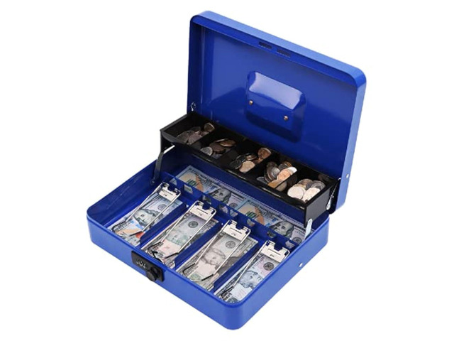 Cash Box with Combination Lock, Metal Money Safe Storage box, Blue Cash Box with Money Tray and Combination Lock,Tiered, Cantilever Design,4 Bill /...