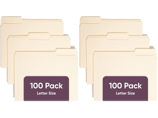 File Folders Letter Sized,1/3-Cut Tab,Assorted Positions,Letter Size Manila Folders,100 Per Box (10381),(Pack of 2)