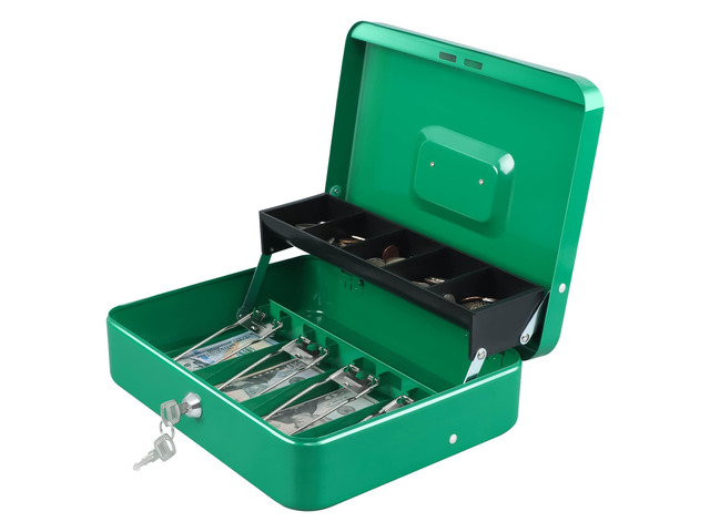 Cash Box with Key Lock, Metal Money Box, Safe Storage box, Green Cash Box with Money Tray and Key Lock,Tiered, Cantilever Design,4 Bill / 5 Coin...