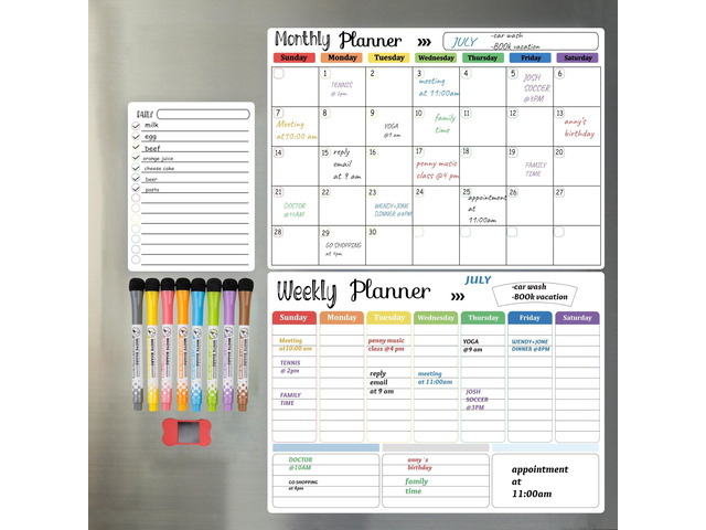 3-Pack Magnetic Dry Erase Calendar Whiteboard Set for Fridge, Wall & Refrigerator Organisation Monthly, Weekly & Daily Planners Includes 8...