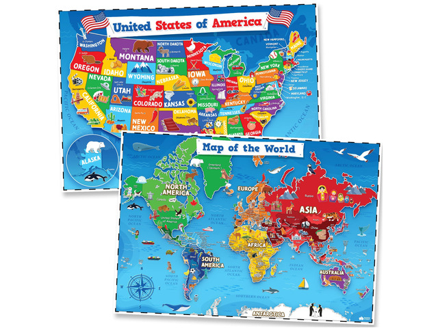 United States and World Map For Kids Classroom Posters 2pc Set - 24 x 16 Waterproof US and World Map for Classroom Decor Posters - Teacher...