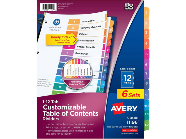 12 Tab Dividers for 3 Ring Binders, Customizable Table of Contents, Multicolor Tabs, 6 Sets (11196) (Pack of 6)