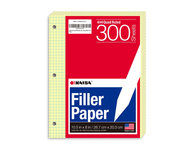 Loose Leaf Notebook Paper, 4x4 Quad Graph Ruled, 300 Sheets Per Lined Paper, 8' x 10.5', 3 Hole Punched for 3 Ring Binder, Canary, Made In USA
