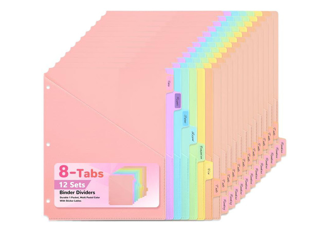8 Tab Binder Dividers with Pockets - Heavy Duty Plastic Dividers for 3 Ring Binder, Letter Size Poly Page Separators with Tabs & Label Stickers,...