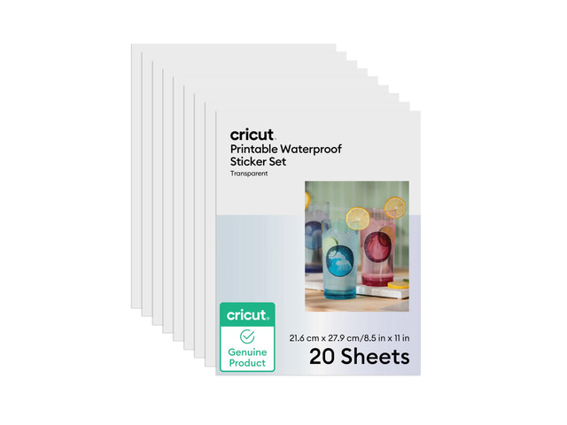 Waterproof Clear Sticker Paper (20 Transparent Sheets, 8.5x11) Printable Stickers For Inkjet Printers - Works with Joy Xtra, Explore, & Maker Machines