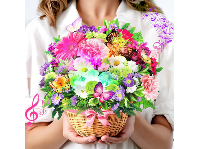 Birthday Cards with Light & Music, 3D Pop Up Happy Birthday Card for Women Daisy and Butterfly,10 Inch Bouquet Card, Birthday Gift Card for Wife...