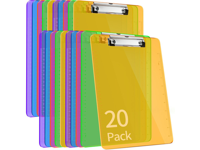 Plastic Clipboards 20 Pack A4/Letter Size (8.5x11 Inch) - Transparent Colored Writing Boards with Low-Profile Clips & Hanging Loops, Lightweight &...