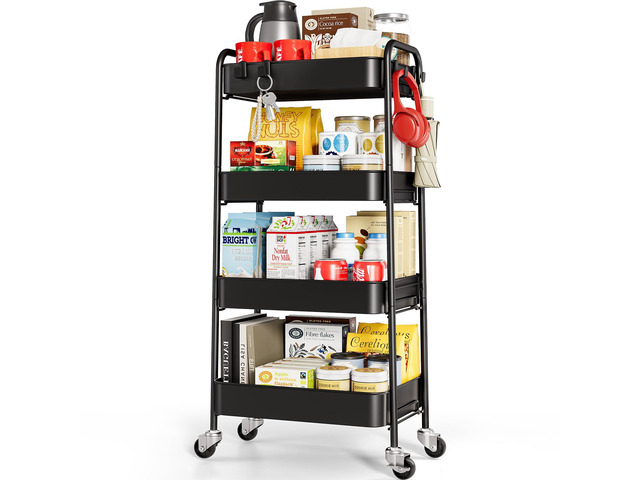 4 Tier Metal Rolling Cart, Utility Storage Cart with Wheels, Black Screwless Assembly, Lockable Metal Wheels, Trolley Organizer for Bathroom,...