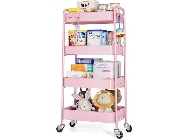4 Tier Metal Rolling Cart, Utility Storage Cart with Wheels, Pink Screwless Assembly, Lockable Metal Wheels, Trolley Organizer for Bathroom,...