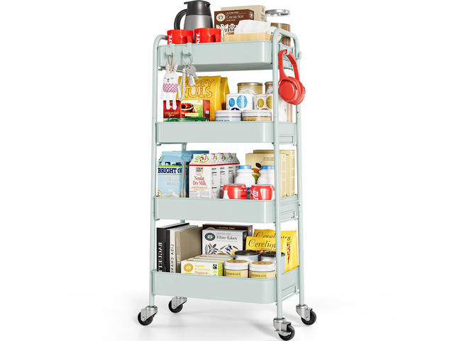 4 Tier Metal Rolling Cart, Utility Storage Cart with Wheels, Green Screwless Assembly, Lockable Metal Wheels, Trolley Organizer for Bathroom,...