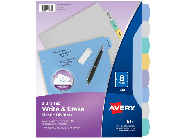 Big Tab Write & Erase Plastic Dividers, 8-Tab, Color, 24 Sets For Organizing and Relabeling Binder Sections, Tear-Resistant Reusable Tabs, 3-Hole...