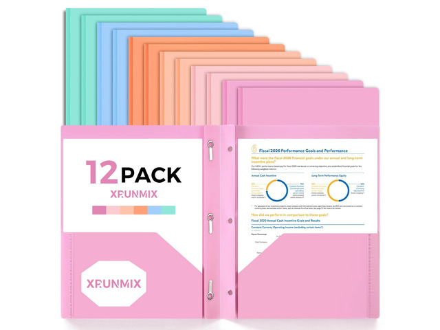 Two-Pocket-Folders with 3 Prongs, Letter Size Plastic Folders with Pockets and Prongs, Poly Plastic Folders for Office & School. 6 Pastel Colors...
