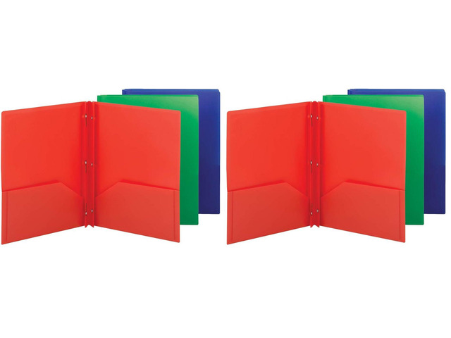 Poly Two-Pocket Folder,Three-Hole Punch Prong Fasteners,Letter Size,Assorted Colors,3 per Pack (87737),(Pack of 2)